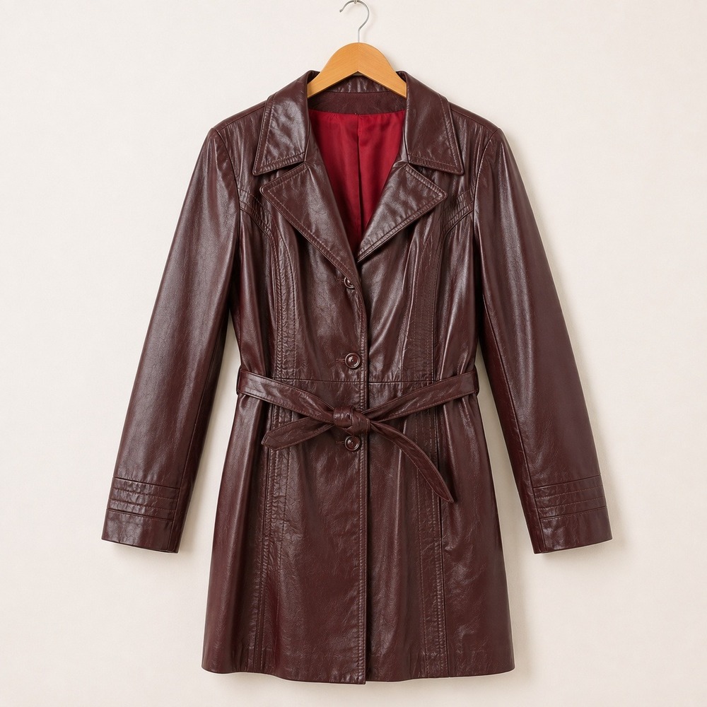Vintage Burgundy Leather Trench Coat Women's Medium Belted Moto Western Y2K